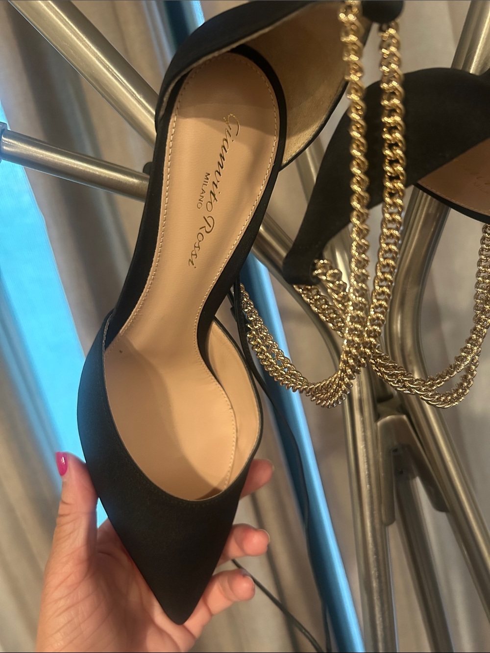Gianvito Rossi Black Pointed D'Orsay Pump with Gold Chain gorgeous.